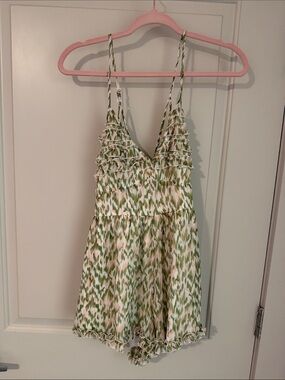miami Green and Cream Patterned Girls' Romper with Ruffle Trim